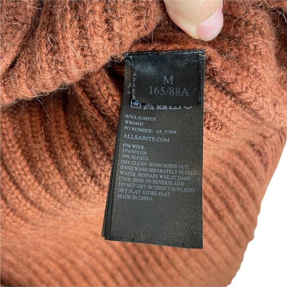 AllSaints Riva Jumper Wool Alpaca Pullover Sweater in Rust Chunky Knit V-Neck M - Picture 5 of 10
